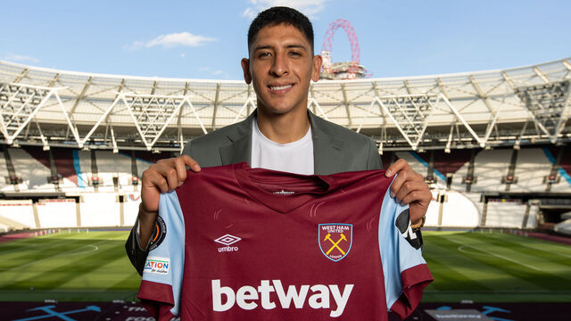 LONDON, ENGLAND - AUGUST 09: Edson Alvarez of West Ham poses after signing at London Stadium on August 09, 2023 in London, England.