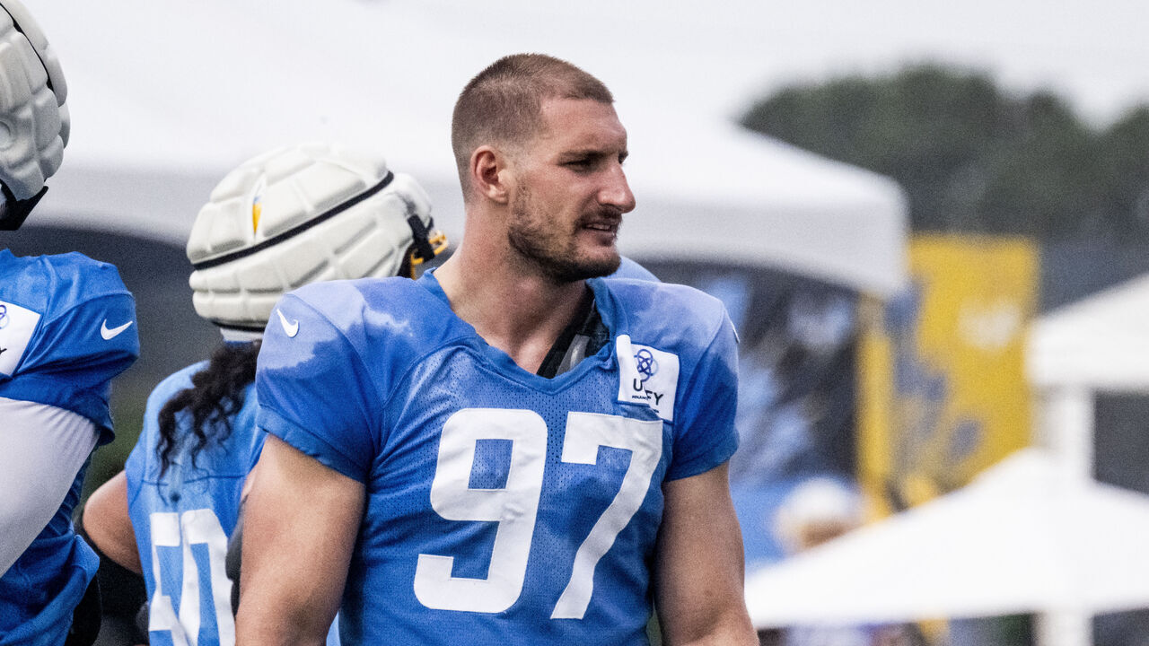 COSTA MESA, CA - August 09: The LA Chargers Joey Bosa practices with the team in Costa Mesa, CA on Wednesday, August 9, 2023.