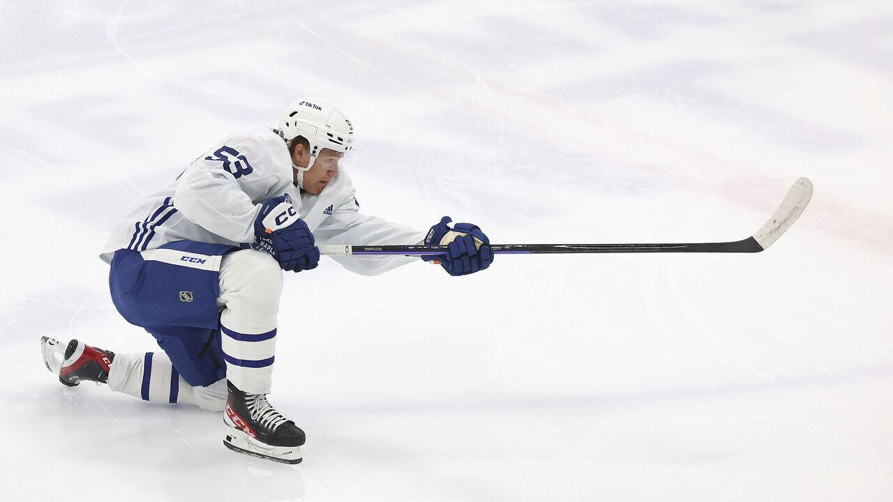 TORONTO, ON- JULY 7 - Forward Easton Cowan shoots as the Toronto Maple Leafs prospects do drills at their Development Camp at Ford Performance Centre in Toronto. July 7, 2023. (Steve Russell/Toronto Star via Getty Images)