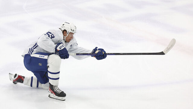 TORONTO, ON- JULY 7 - Forward Easton Cowan shoots as the Toronto Maple Leafs prospects do drills at their Development Camp at Ford Performance Centre in Toronto. July 7, 2023. (Steve Russell/Toronto Star via Getty Images)