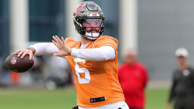 TAMPA, FL - AUG 05: Tampa Bay Buccaneers Quarterback Baker Mayfield (6) goes thru a drill during the Tampa Bay Buccaneers Training Camp on August 05, 2023 at the AdventHealth Training Center at One Buccaneer Place in Tampa, Florida.