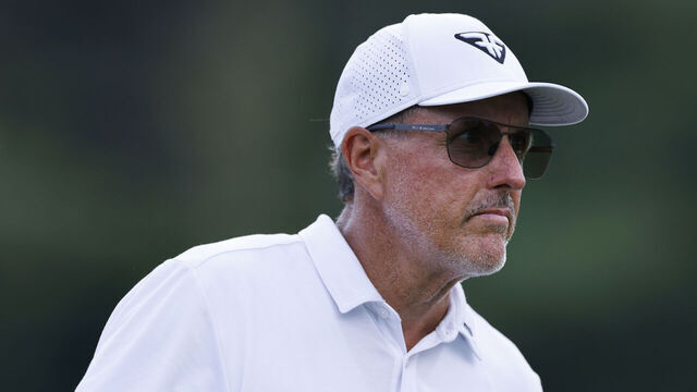WHITE SULPHUR SPRINGS, WV - AUGUST 05: Phil Mickelson of the United States looks on at the 5th hole on day two of the LIV Golf Greenbrier at The Old White Course on August 05, 2023 at White Sulphur Springs, West Virginia.