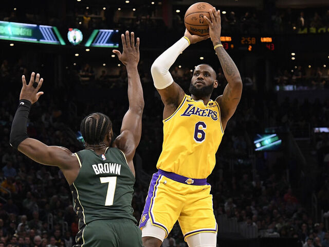 BOSTON, MA - JANUARY 28: LeBron James #6 of the Los Angeles Lakers shoots the ball during the game against the Boston Celtics on January 28, 2023 at the TD Garden in Boston, Massachusetts. Mandatory Copyright Notice: Copyright 2023 NBAE