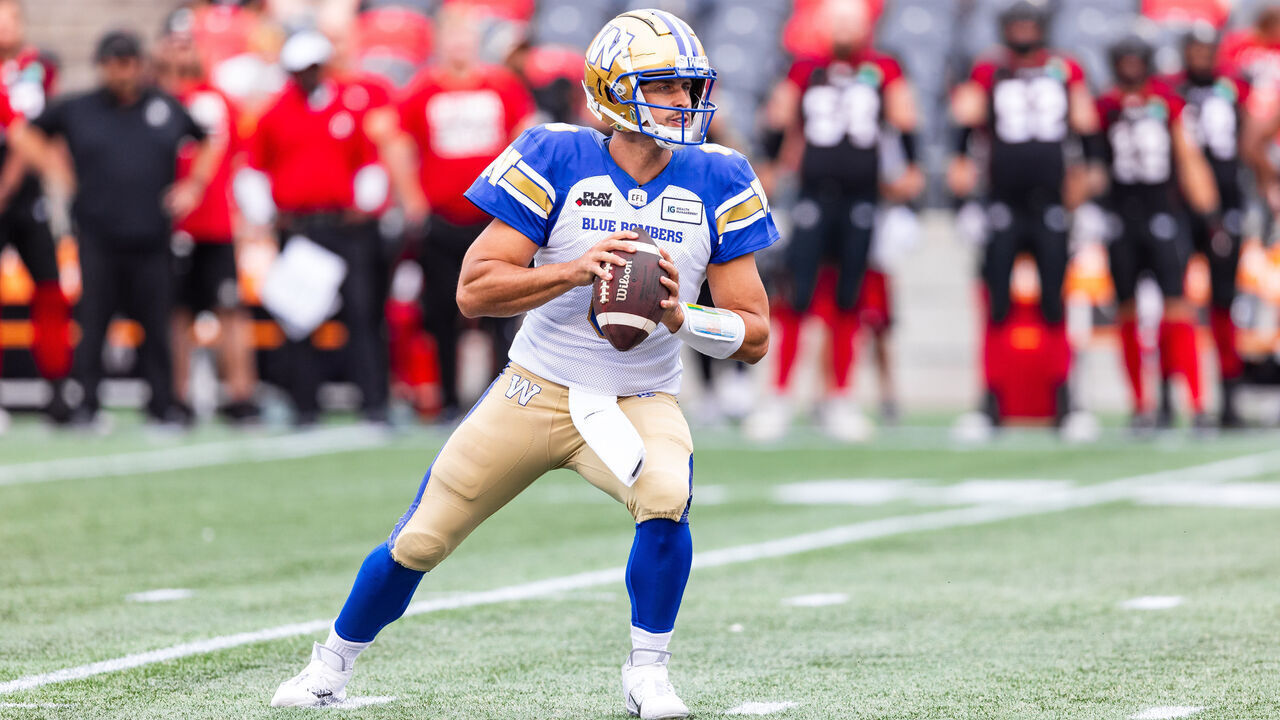 OTTAWA, ON - JULY 15: Winnipeg Blue Bombers quarterback Zach Collaros (8) prepares to throw a pass during Canadian Football League action between the Winnipeg Blue Bombers and Ottawa Redblacks on July 15, 2023, at TD Place at Lansdowne Park in Ottawa, ON, Canada.