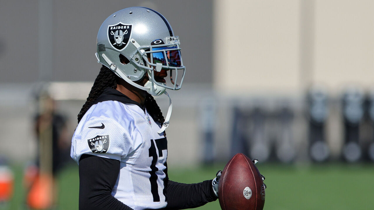 HENDERSON, NEVADA - JULY 26: Wide receiver Davante Adams #17 of the Las Vegas Raiders runs through a drill during the first practice of the team's training camp at the Las Vegas Raiders Headquarters/Intermountain Healthcare Performance Center on July 26, 2023 in Henderson, Nevada.