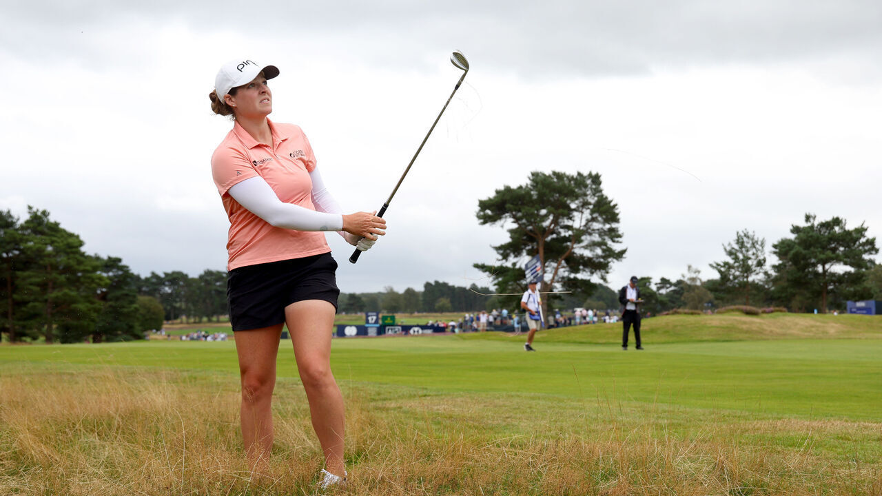 TADWORTH, ENGLAND - AUGUST 11: Ally Ewing of the United States plays her second shot on the 18th hole on Day Two of the AIG Women's Open at Walton Heath Golf Club on August 11, 2023 in Tadworth, England.