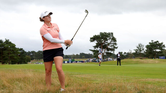 TADWORTH, ENGLAND - AUGUST 11: Ally Ewing of the United States plays her second shot on the 18th hole on Day Two of the AIG Women's Open at Walton Heath Golf Club on August 11, 2023 in Tadworth, England.