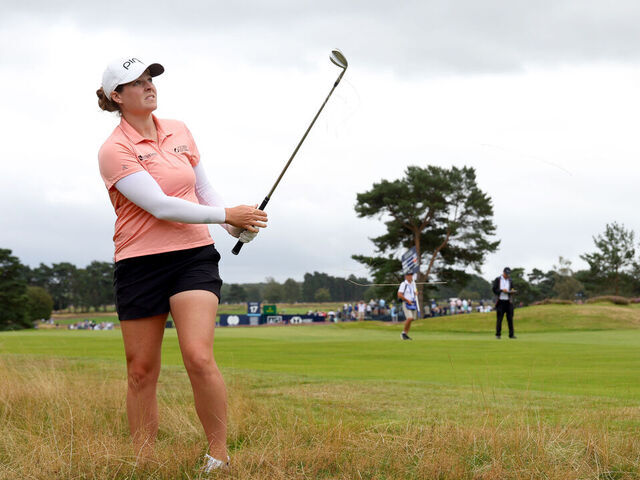 TADWORTH, ENGLAND - AUGUST 11: Ally Ewing of the United States plays her second shot on the 18th hole on Day Two of the AIG Women's Open at Walton Heath Golf Club on August 11, 2023 in Tadworth, England.