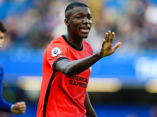 LONDON, ENGLAND - APRIL 15: Moises Caicedo of Brighton & Hove Albion gestures during the Premier League match between Chelsea FC and Brighton & Hove Albion at Stamford Bridge on April 15, 2023 in London, United Kingdom.