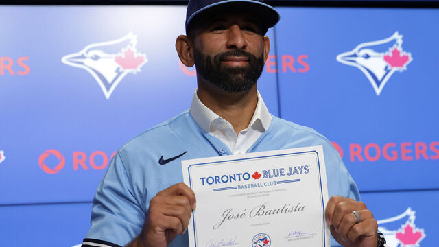 TORONTO, ON - AUGUST 11 - The Former Toronto Blue Jays third baseman Jose Bautista visits signing a one day contract and retiring prior to his name being added to the "Level of Excellence" at Rogers Centre in Toronto. August 11, 2023. (Steve Russell/Toronto Star via Getty Images)