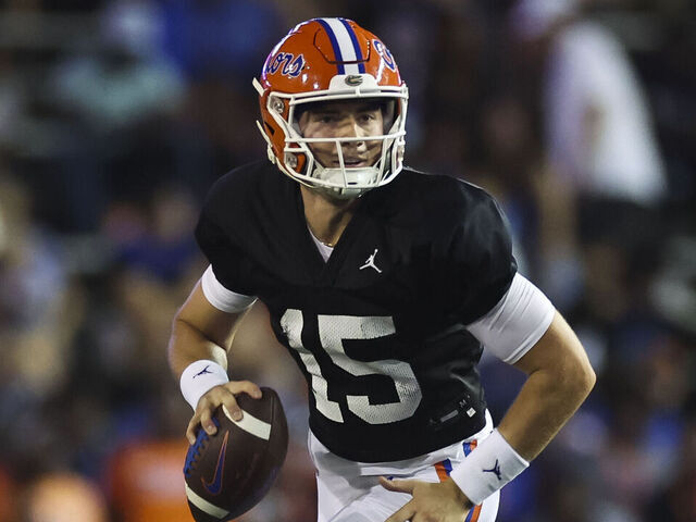 GAINESVILLE, FLORIDA - APRIL 13: Graham Mertz #15 looks on during the first half of the Florida Gators spring football game at Ben Hill Griffin Stadium on April 13, 2023 in Gainesville, Florida.