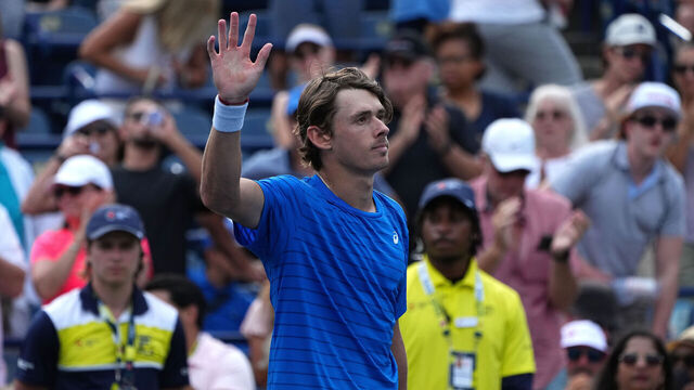 TORONTO, ON - AUGUST 11: Alex De Minaur of Australia greets the spectators as he competes against Daniil Medvedev (not seen) of Russia during the quarter final match of National Bank Open against in Toronto, Canada on August 11, 2023.