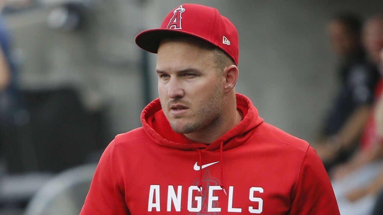 DETROIT, MI - JULY 25: Mike Trout #27 of the Los Angeles Angels looks from the dugout during the second inning against the Detroit Tigers at Comerica Park on July 25, 2023 in Detroit, Michigan.