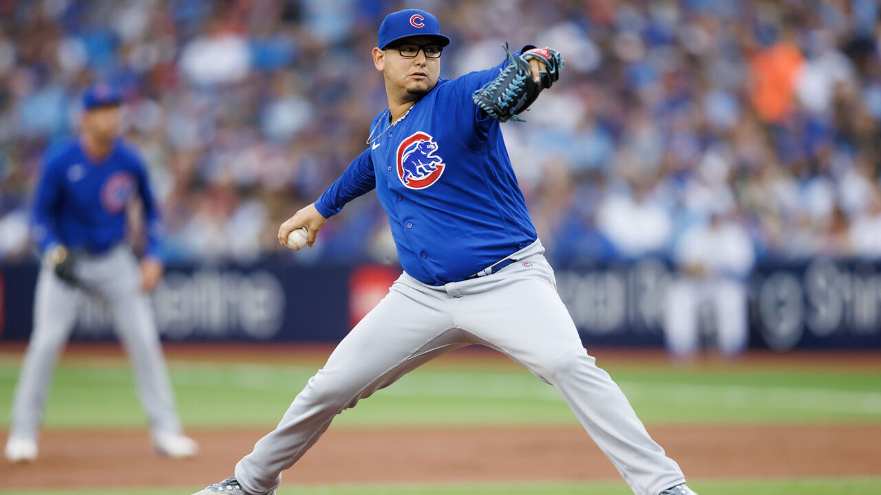 TORONTO, CANADA - AUGUST 11: Javier Assad #72 of the Chicago Cubs pitches in the first inning of their MLB game against the Toronto Blue Jays at Rogers Centre on August 11, 2023 in Toronto, Canada.