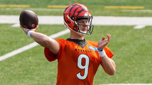 CINCINNATI, OHIO - JUNE 15: Joe Burrow #9 of the Cincinnati Bengals throws a pass during an offseason workout at Paycor Stadium on June 15, 2023 in Cincinnati, Ohio.