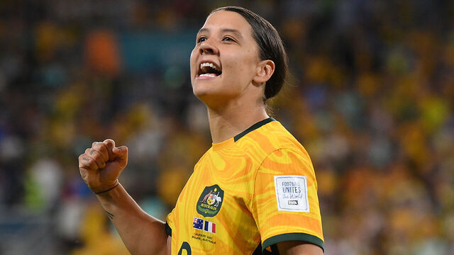 BRISBANE, AUSTRALIA - AUGUST 12: Sam Kerr of Australia celebrates her team's victory through the penalty shoot out during the FIFA Women's World Cup Australia & New Zealand 2023 Quarter Final match between Australia and France at Brisbane Stadium on August 12, 2023 in Brisbane, Australia.