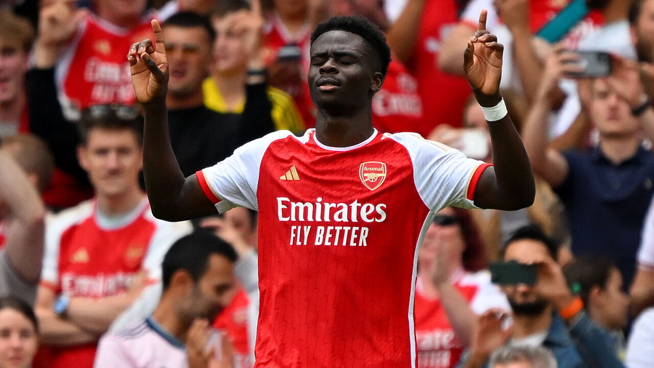 LONDON, ENGLAND - AUGUST 12: Bukayo Saka of Arsenal celebrates after scoring the team's second goal during the Premier League match between Arsenal FC and Nottingham Forest at Emirates Stadium on August 12, 2023 in London, England.