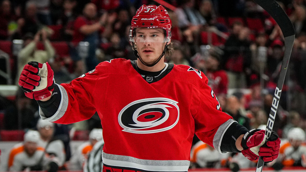 RALEIGH, NORTH CAROLINA - MARCH 09: Andrei Svechnikov #37 of the Carolina Hurricanes celebrates with teammates after a goal during the first period against the Philadelphia Flyers at PNC Arena on March 09, 2023 in Raleigh, North Carolina.