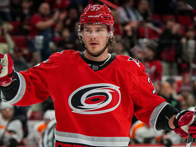 RALEIGH, NORTH CAROLINA - MARCH 09: Andrei Svechnikov #37 of the Carolina Hurricanes celebrates with teammates after a goal during the first period against the Philadelphia Flyers at PNC Arena on March 09, 2023 in Raleigh, North Carolina.