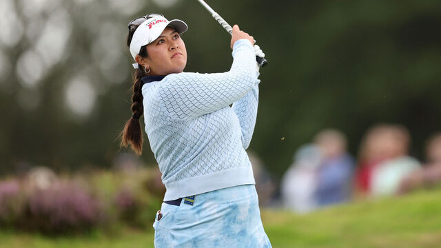 TADWORTH, ENGLAND - AUGUST 12: Lilia Vu of the United States plays a shot on the 18th hole on Day Three of the AIG Women's Open at Walton Heath Golf Club on August 12, 2023 in Tadworth, England.