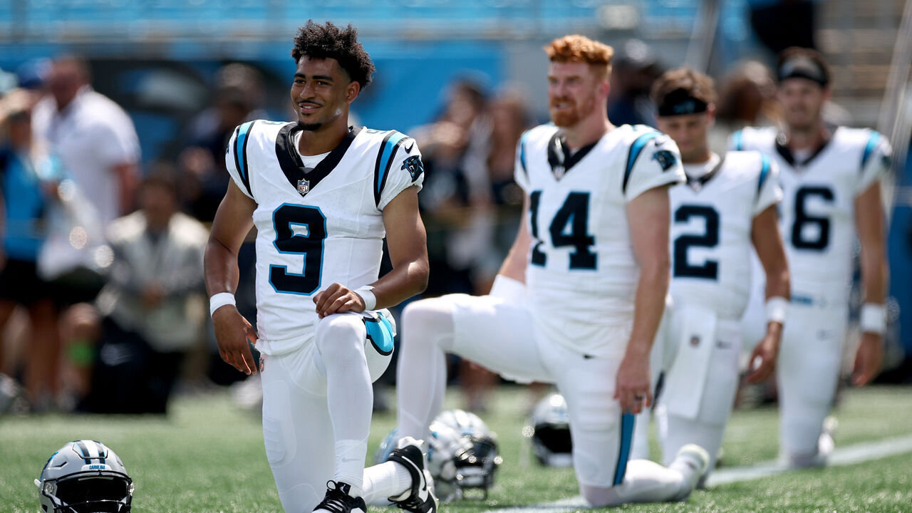 CHARLOTTE, NORTH CAROLINA - AUGUST 12: Bryce Young #9 of the Carolina Panthers looks on prior to a preseason game against the New York Jets at Bank of America Stadium on August 12, 2023 in Charlotte, North Carolina.