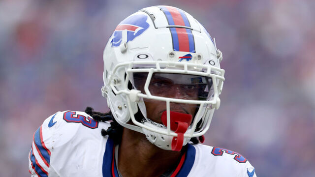 ORCHARD PARK, NEW YORK - AUGUST 12: Damar Hamlin #3 of the Buffalo Bills looks on during the second quarter of a preseason game against the Indianapolis Colts at Highmark Stadium on August 12, 2023 in Orchard Park, New York.