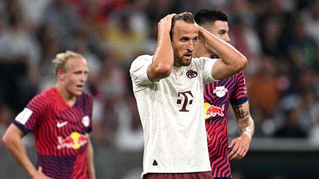 MUNICH, GERMANY - AUGUST 12: Harry Kane of Bayern Munich reacts during the DFL Supercup 2023 match between FC Bayern München and RB Leipzig at Allianz Arena on August 12, 2023 in Munich, Germany.