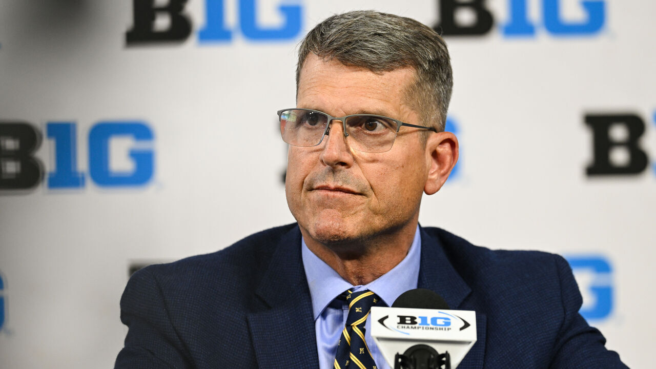INDIANAPOLIS, IN - JULY 27: Michigan Wolverines head coach Jim Harbaugh speaks with the media during the Big Ten Conference Media Days on July 27, 2023 at Lucas Oil Stadium in Indianapolis, IN