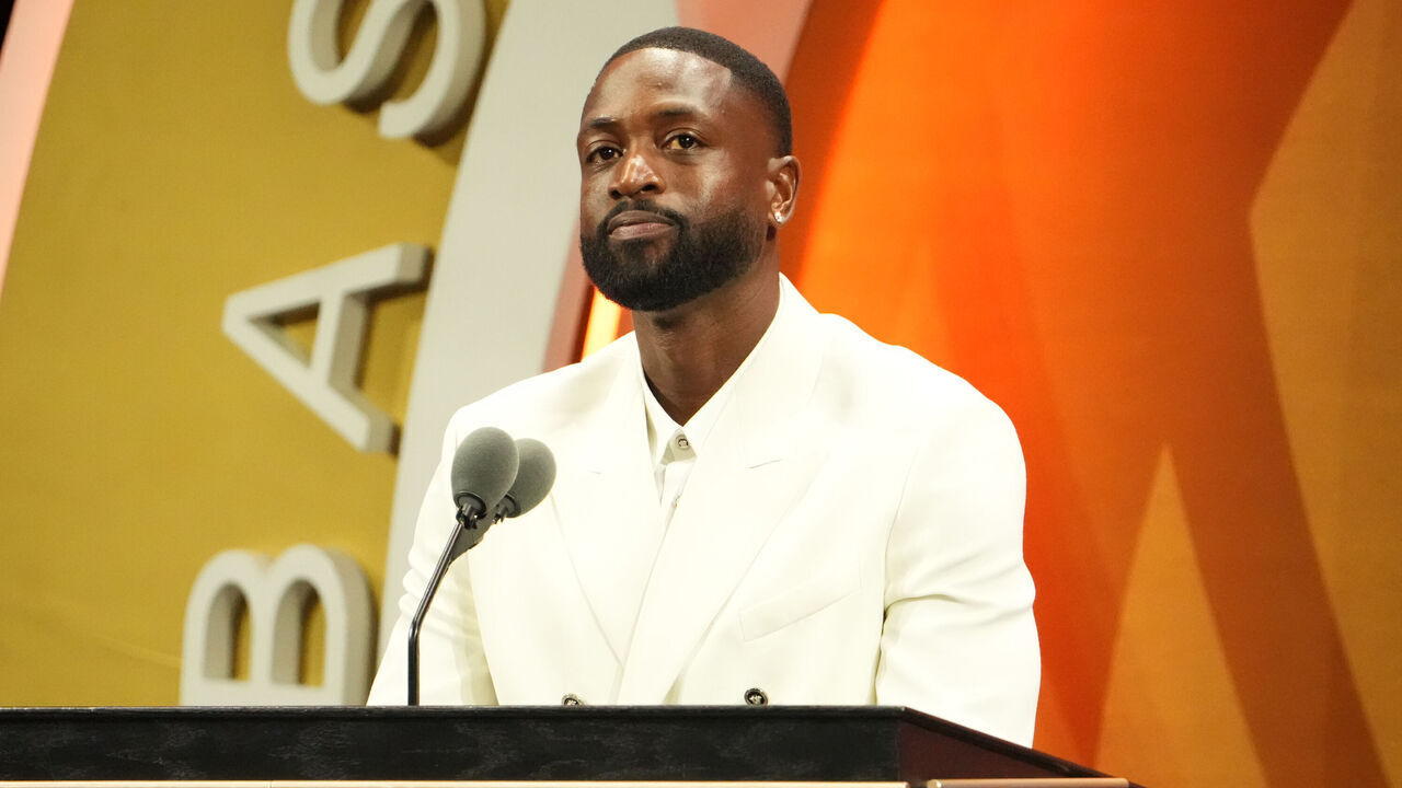 SPRINGFIELD,MA - AUGUST 12: Dwyane Wade speaks at the 2023 Basketball Hall of Fame Enshrinement Ceremony on August 12, 2023 at Springfield Marriott in Springfield, Massachusetts. NOTE TO USER: User expressly acknowledges and agrees that, by downloading and/or using this photograph, user is consenting to the terms and conditions of the Getty Images License Agreement. Mandatory Copyright Notice: Copyright 2023 NBAE