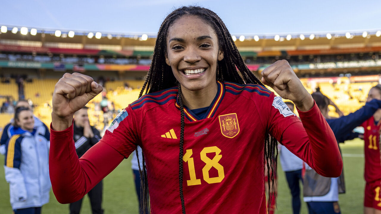 WELLINGTON, NEW ZEALAND - AUGUST 11: Salma Paralluelo of Spain celebrates her team's 2-1 victory and advance to the semi final following the FIFA Women's World Cup Australia & New Zealand 2023 Quarter Final match between Spain and Netherlands at Wellington Regional Stadium on August 11, 2023 in Wellington / Te Whanganui-a-Tara, New Zealand.