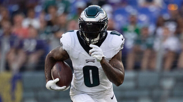 BALTIMORE, MD - AUGUST 12: Philadelphia Eagles running back D'Andre Swift (0) sprints in the open field during an NFL pre-season game between the Philadelphia Eagles and the Baltimore Ravens on August 12, 2023, at M&T Bank Stadium in Baltimore, Maryland.