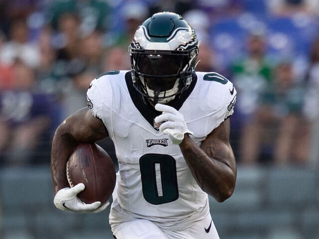 BALTIMORE, MD - AUGUST 12: Philadelphia Eagles running back D'Andre Swift (0) sprints in the open field during an NFL pre-season game between the Philadelphia Eagles and the Baltimore Ravens on August 12, 2023, at M&T Bank Stadium in Baltimore, Maryland.