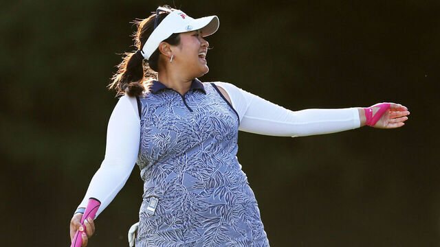 TADWORTH, ENGLAND - AUGUST 13: Lilia Vu of the United States celebrates victory on the 18th green on Day Four of the AIG Women's Open at Walton Heath Golf Club on August 13, 2023 in Tadworth, England.