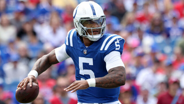 ORCHARD PARK, NEW YORK - AUGUST 12: Anthony Richardson #5 of the Indianapolis Colts looks to pass the ball during the first quarter of a preseason game against the Buffalo Bills at Highmark Stadium on August 12, 2023 in Orchard Park, New York.