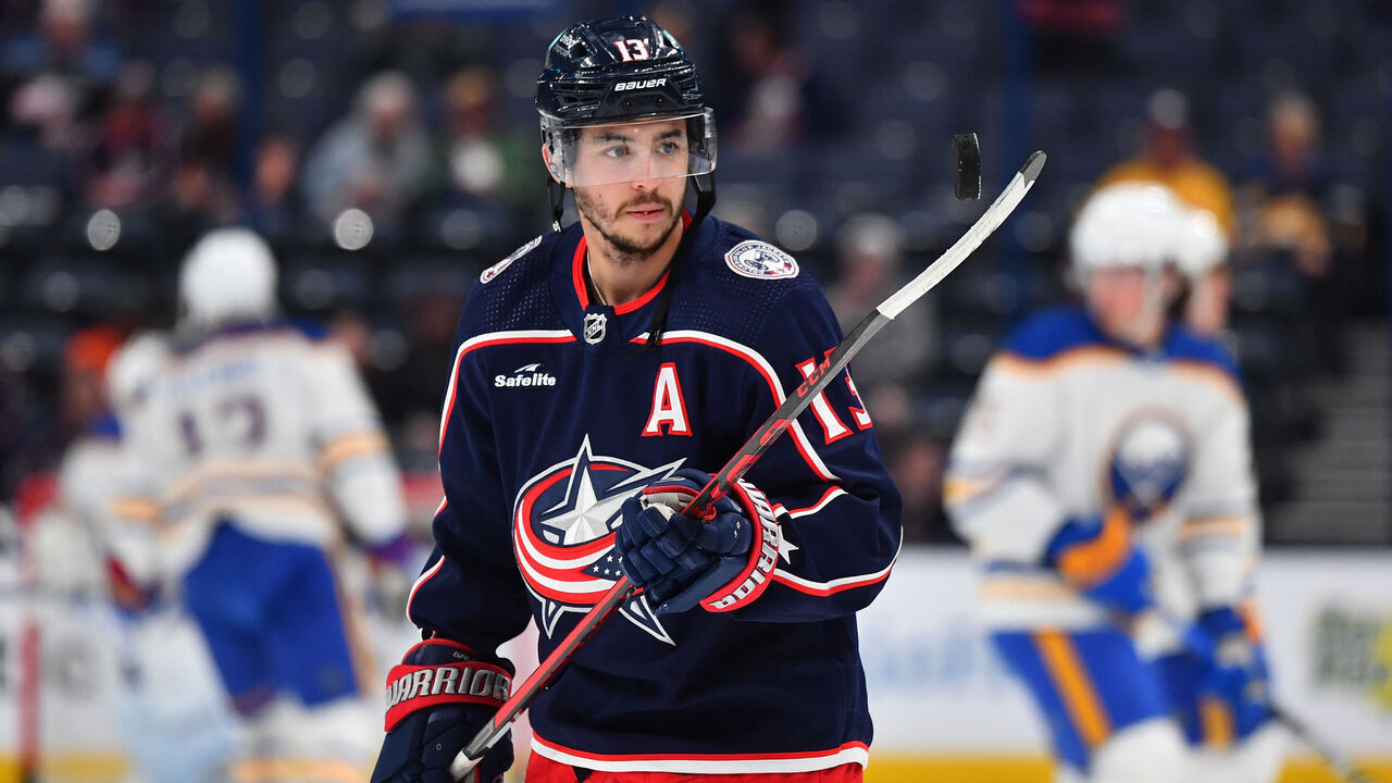 COLUMBUS, OHIO - APRIL 14: Johnny Gaudreau #13 of the Columbus Blue Jackets warms up prior to a game against the Buffalo Sabres at Nationwide Arena on April 14, 2023 in Columbus, Ohio.