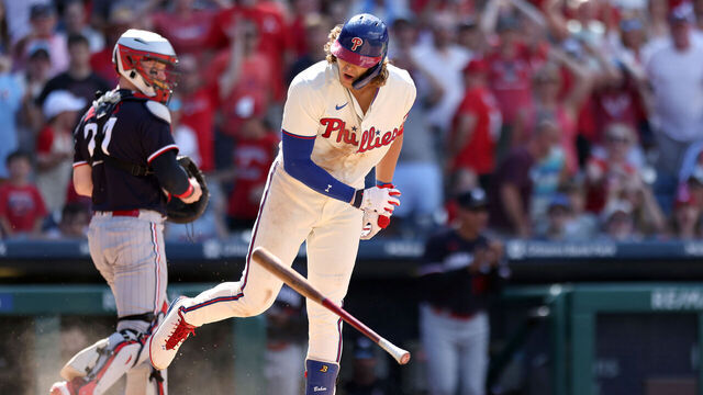 PHILADELPHIA, PENNSYLVANIA - AUGUST 13: Alec Bohm #28 of the Philadelphia Phillies reacts after a strike out during the seventh inning against the Minnesota Twins at Citizens Bank Park on August 13, 2023 in Philadelphia, Pennsylvania.