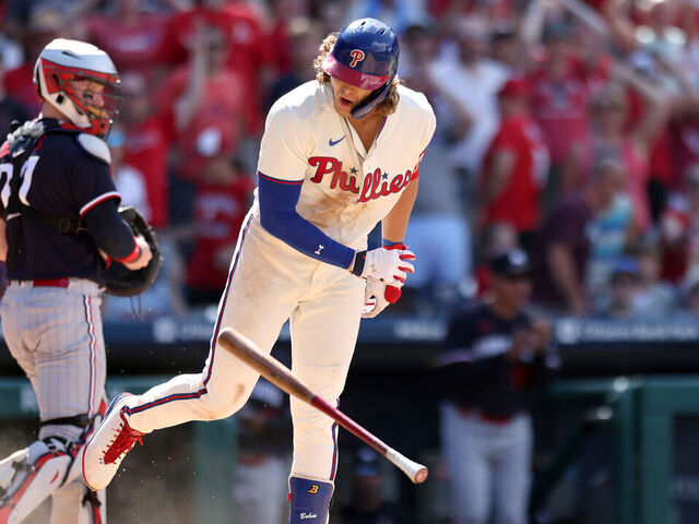 PHILADELPHIA, PENNSYLVANIA - AUGUST 13: Alec Bohm #28 of the Philadelphia Phillies reacts after a strike out during the seventh inning against the Minnesota Twins at Citizens Bank Park on August 13, 2023 in Philadelphia, Pennsylvania.