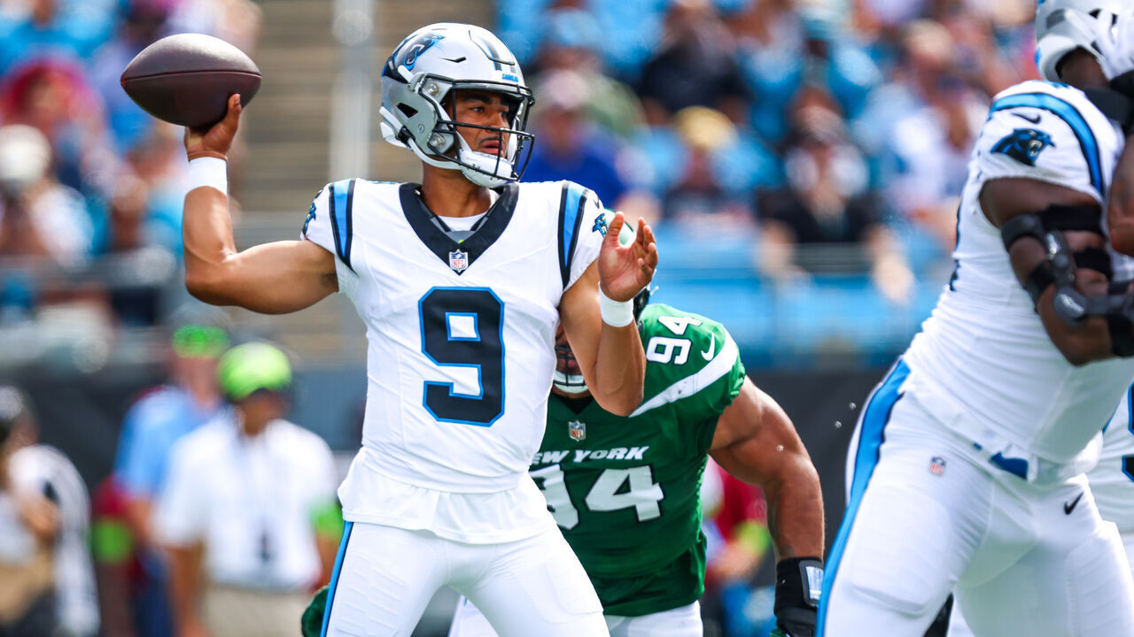 CHARLOTTE, NC - AUGUST 12: Bryce Young #9 of the Carolina Panthers passes the ball during an NFL preseason game against the New York Jets at Bank of America Stadium in Charlotte, North Carolina, on Aug 12, 2023.