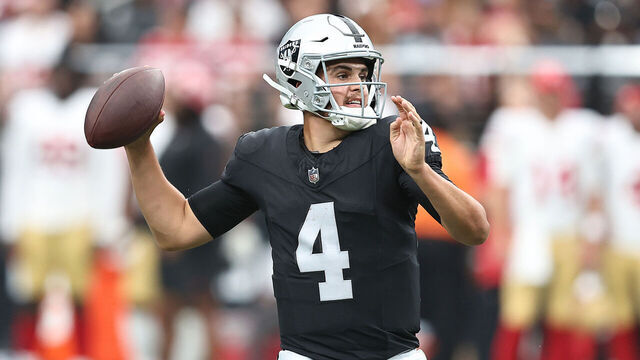 LAS VEGAS, NEVADA - AUGUST 13: Aidan O'Connell #4 of the Las Vegas Raiders passes during a preseason game between the San Francisco 49ers and the Las Vegas Raiders at Allegiant Stadium on August 13, 2023 in Las Vegas, Nevada.