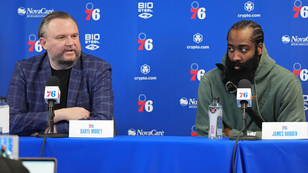 CAMDEN, NJ - FEBRUARY 15: Daryl Morey, President of Basketball Operations and James Harden #1 of the Philadelphia 76ers speak to the media during a press conference on February 15, 2022 at Philadelphia 76ers Training Complex in Camden, New Jersey. NOTE TO USER: User expressly acknowledges and agrees that, by downloading and/or using this Photograph, user is consenting to the terms and conditions of the Getty Images License Agreement. Mandatory Copyright Notice: Copyright 2022 NBAE