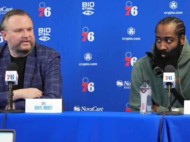 CAMDEN, NJ - FEBRUARY 15: Daryl Morey, President of Basketball Operations and James Harden #1 of the Philadelphia 76ers speak to the media during a press conference on February 15, 2022 at Philadelphia 76ers Training Complex in Camden, New Jersey. NOTE TO USER: User expressly acknowledges and agrees that, by downloading and/or using this Photograph, user is consenting to the terms and conditions of the Getty Images License Agreement. Mandatory Copyright Notice: Copyright 2022 NBAE