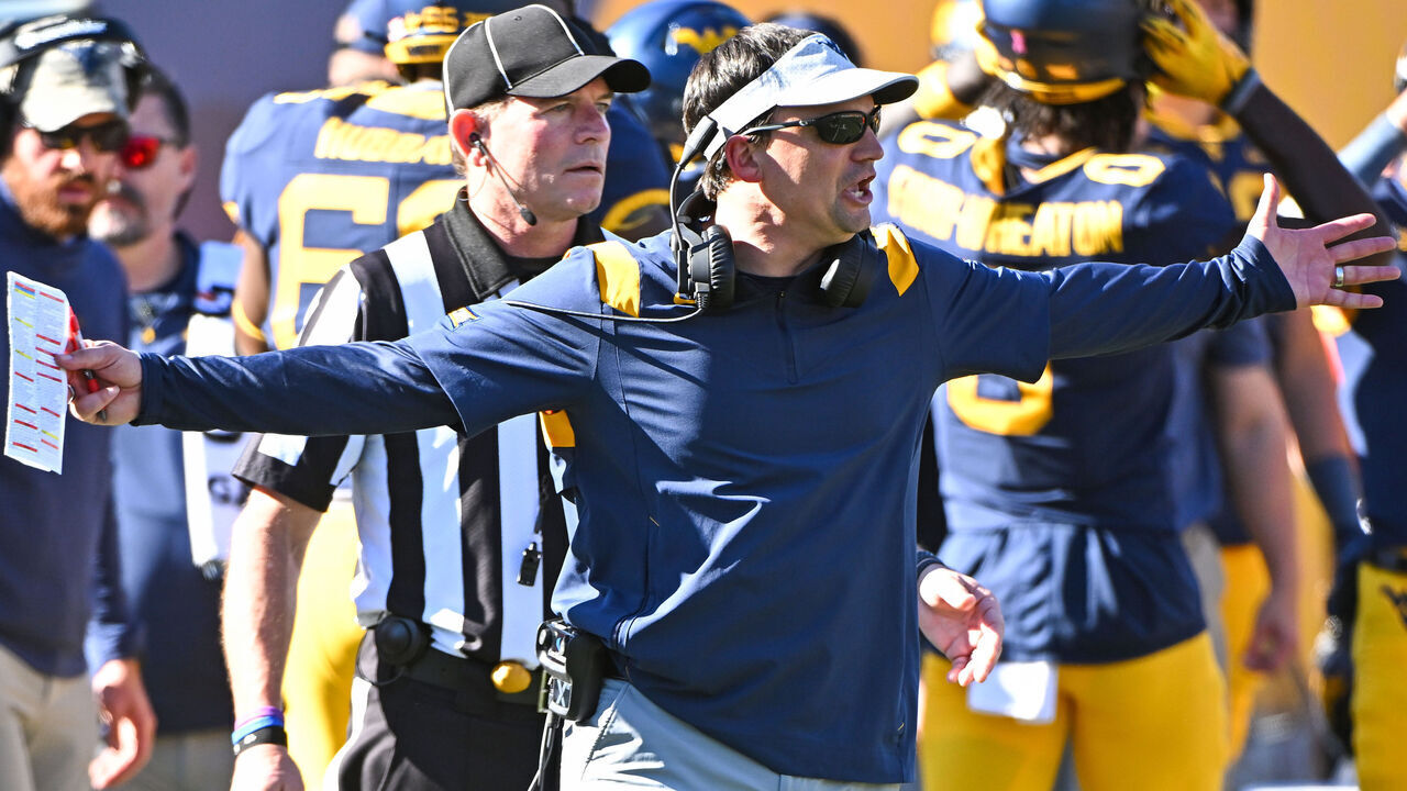 MORGANTOWN, WV - OCTOBER 29, 2022: Head coach Neal Brown of the West Virginia Mountaineers argues a call during the first half against the TCU Horn Frogs at Milan Puskar Stadium on October 29, 2022 in Morgantown, West Virginia.