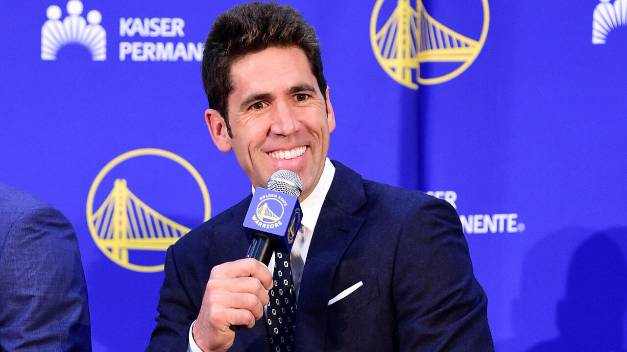 OAKLAND, CA - JUNE 24: Golden State Warriors General Manager, Bob Myers introduces Alen Smailagic, Jordan Poole, and Eric Paschall as the 2019 NBA Golden State Warriors Draftees during a press conference on June 24, 2019 at Rakuten Performance Center in Oakland, California. NOTE TO USER: User expressly acknowledges and agrees that, by downloading and/or using this photograph, user is consenting to the terms and conditions of the Getty Images License Agreement. Mandatory Copyright Notice: Copyright 2019 NBAE