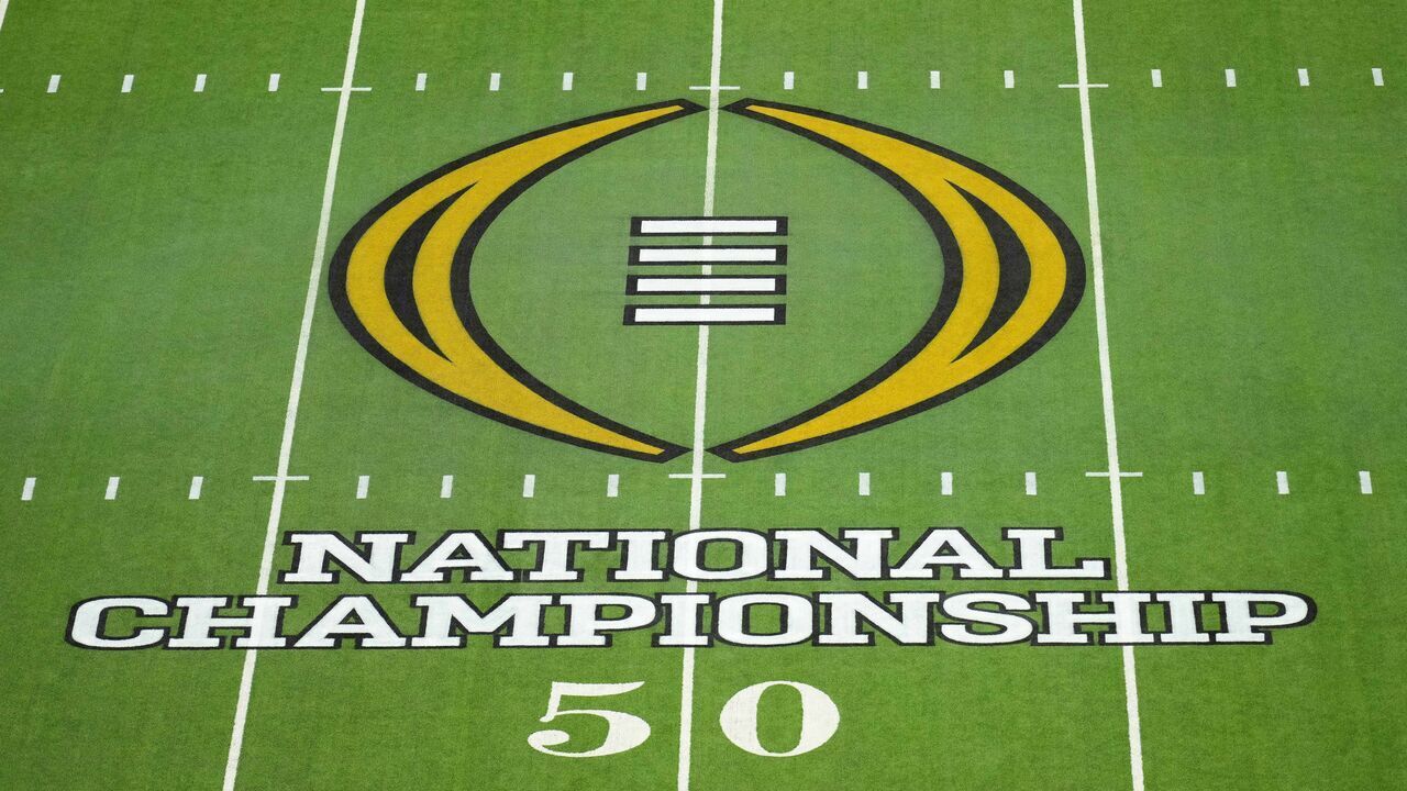 INGLEWOOD, CA - JANUARY 09: A detail view of the CFP logo is seen at the center of the field prior to game action during the 2023 CFP National Championship game between the Georgia Bulldogs and the TCU Horned Frogs on January 09, 2023, at SoFi Stadium in Inglewood, CA.
