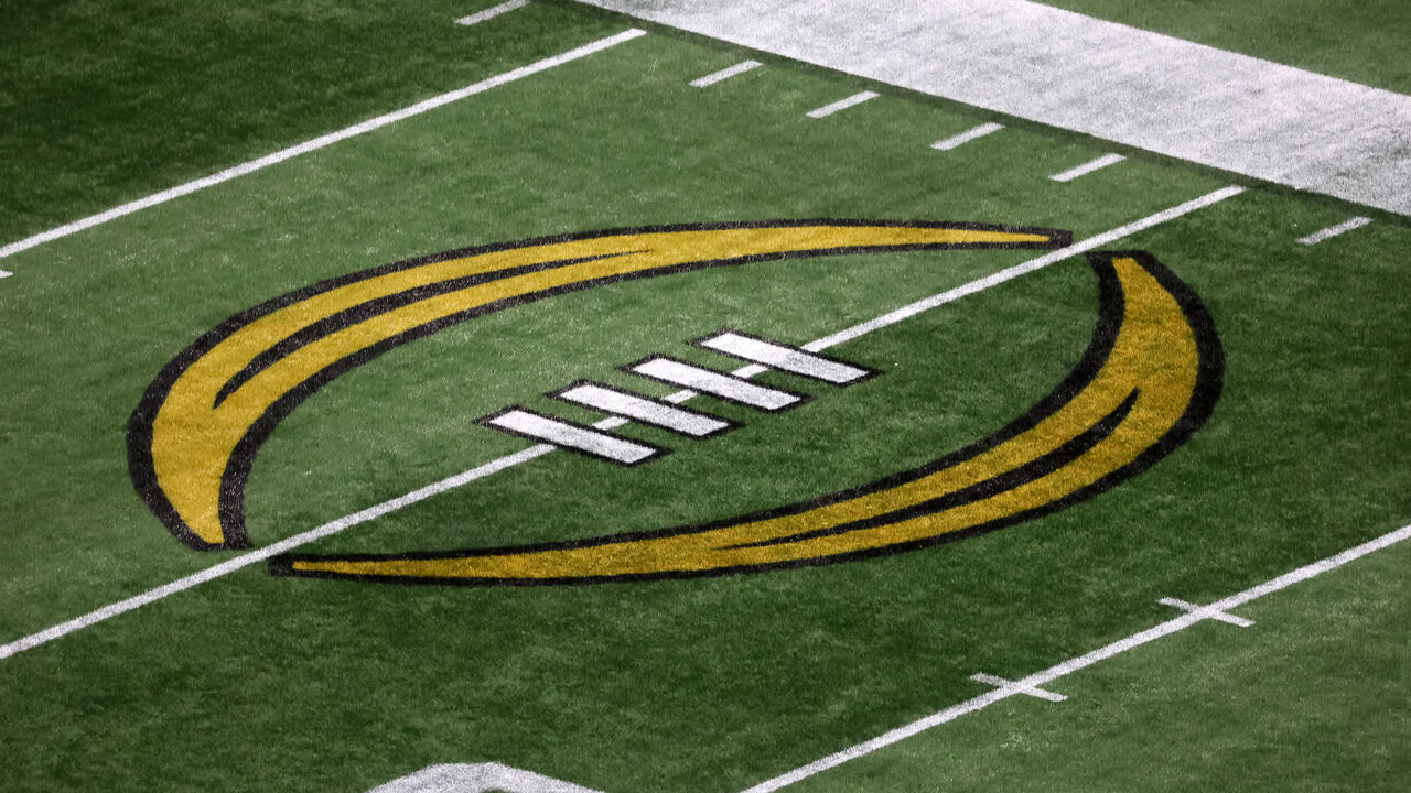 ATLANTA, GA - DECEMBER 31: A general view of the CFP logo before the college football Playoff Semifinal game at the Chick-fil-a Peach Bowl between the Georgia Bulldogs and the Ohio State Buckeyes on December 31, 2022 at Mercedes-Benz Stadium in Atlanta, Georgia.