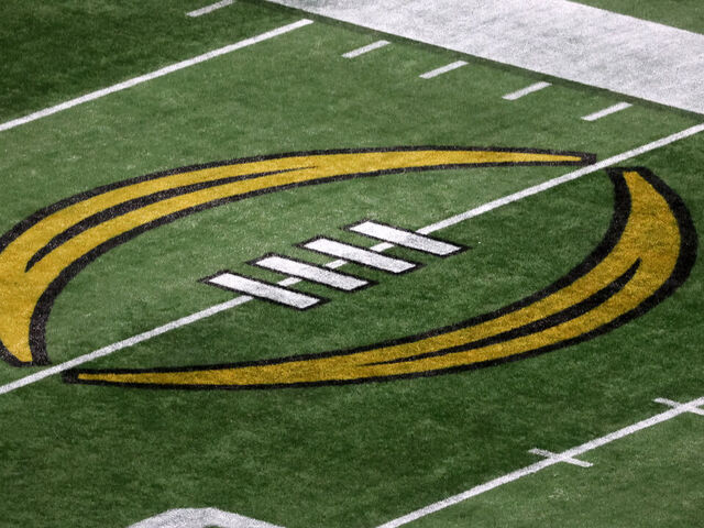 ATLANTA, GA - DECEMBER 31: A general view of the CFP logo before the college football Playoff Semifinal game at the Chick-fil-a Peach Bowl between the Georgia Bulldogs and the Ohio State Buckeyes on December 31, 2022 at Mercedes-Benz Stadium in Atlanta, Georgia.