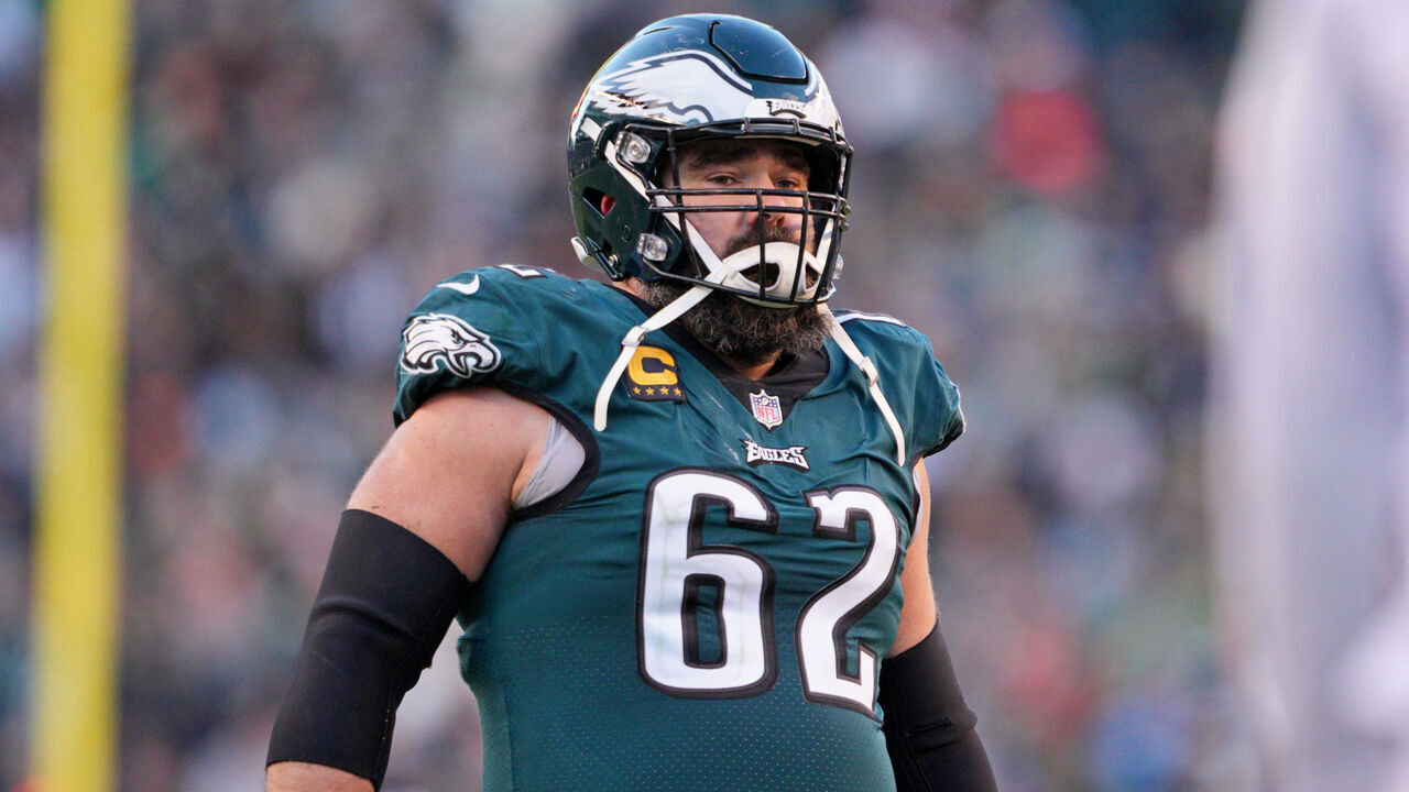 PHILADELPHIA, PA - DECEMBER 04: Philadelphia Eagles center Jason Kelce (62) looks on during the game between the Tennessee Titans and the Philadelphia Eagles on December 4, 2022 at Lincoln Financial Field in Philadelphia, PA.
