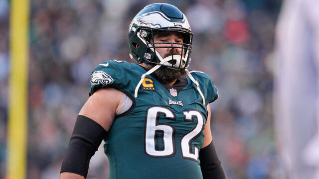 PHILADELPHIA, PA - DECEMBER 04: Philadelphia Eagles center Jason Kelce (62) looks on during the game between the Tennessee Titans and the Philadelphia Eagles on December 4, 2022 at Lincoln Financial Field in Philadelphia, PA.