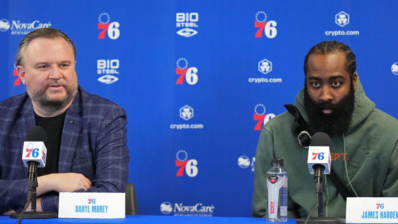 CAMDEN, NJ - FEBRUARY 15: Daryl Morey, President of Basketball Operations and James Harden #1 of the Philadelphia 76ers speak to the media during a press conference on February 15, 2022 at Philadelphia 76ers Training Complex in Camden, New Jersey. NOTE TO USER: User expressly acknowledges and agrees that, by downloading and/or using this Photograph, user is consenting to the terms and conditions of the Getty Images License Agreement. Mandatory Copyright Notice: Copyright 2022 NBAE