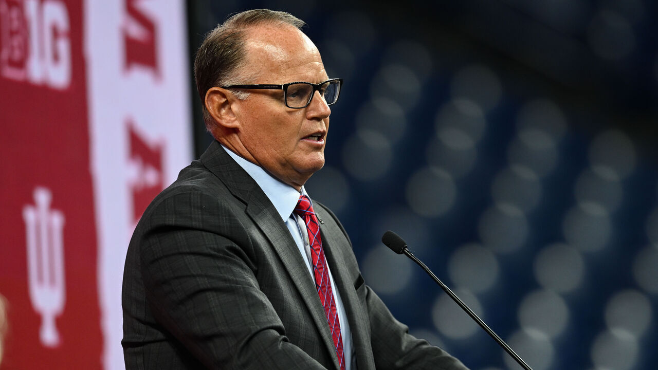 INDIANAPOLIS, IN - JULY 27: Indiana Hoosiers head coach Tom Allen during the Big Ten Conference Media Days on July 27, 2023 at Lucas Oil Stadium in Indianapolis, IN